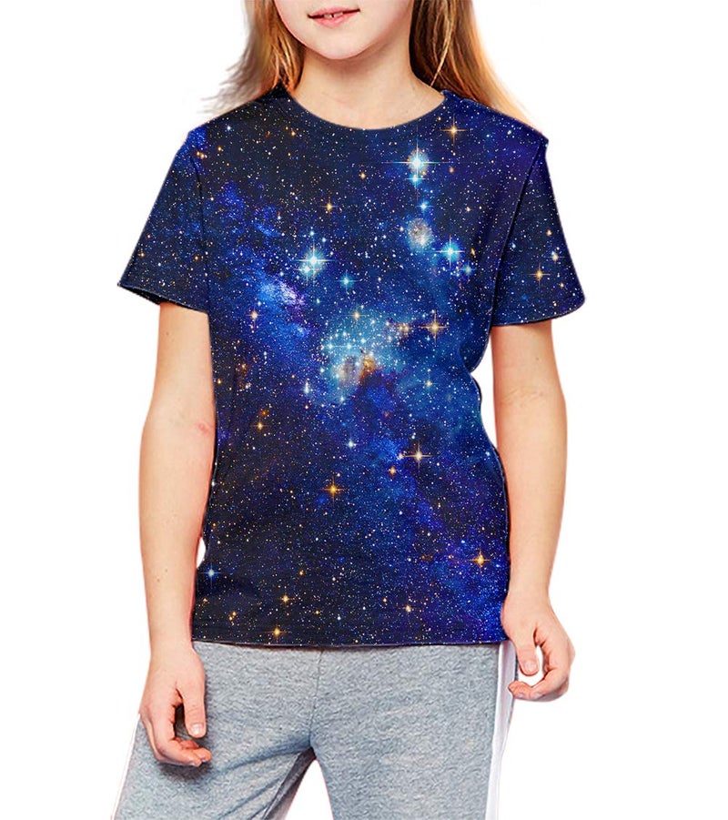 LAIDIPAS Kids T-Shirt for Boys Girls Galaxy Space Tops Tees Short Sleeve Blue Graphic Casual Shirts Clothes 6-8 Years - Image 4